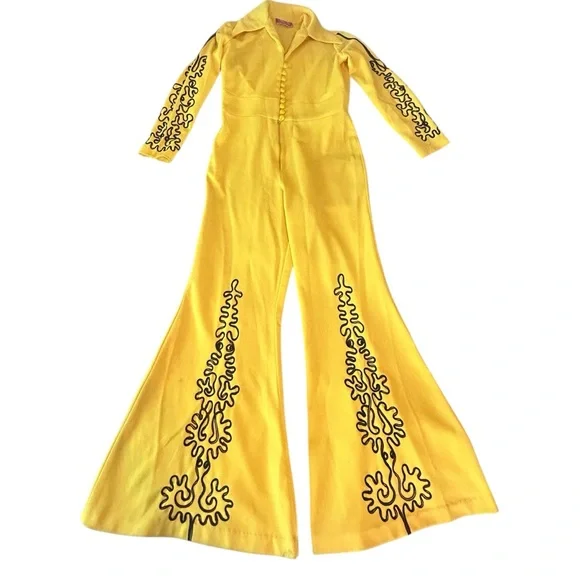 Fredrick’s of Hollywood Vintage 70s RARE Embroidered Bell Bottom Jumpsuit Yellow - Picture 2 of 14